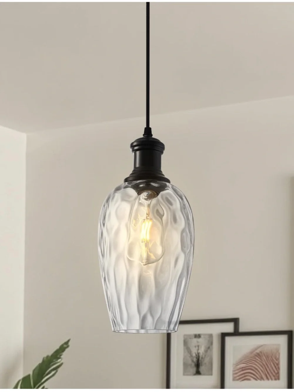 Modern Farmhouse Pendant Light Hammered Glass-BLACK (1-pack)